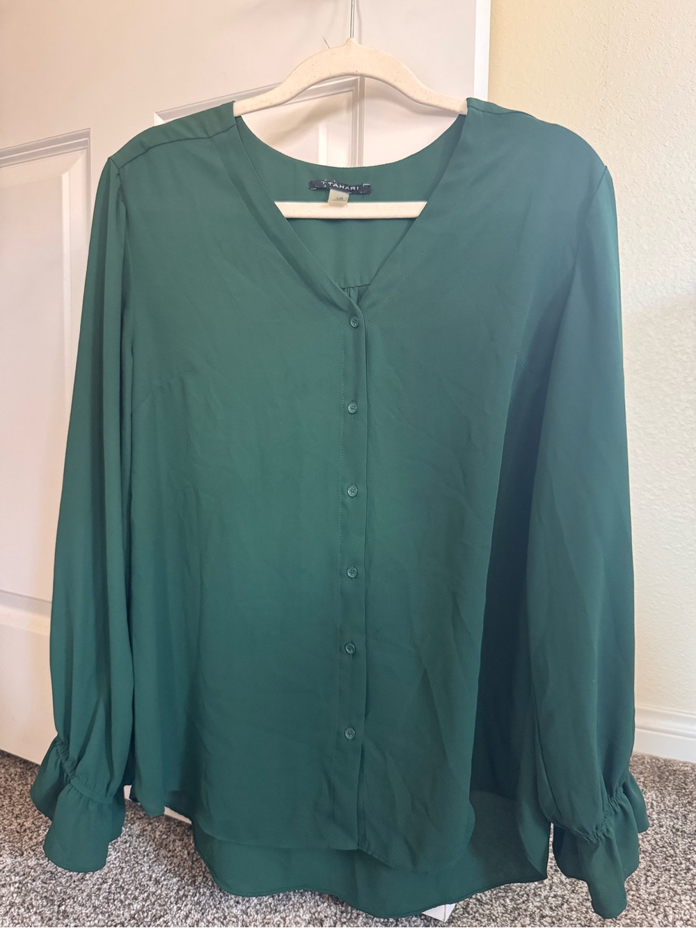Tahari Teal Green V-Neck Button-Front Blouse